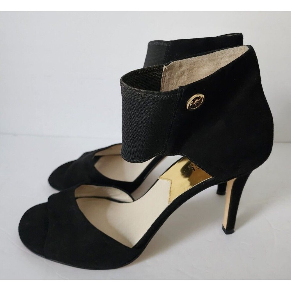Michael Kors Women’s Suede Sandals 10 Open Toe Stretch Ankle Strap Logo Black